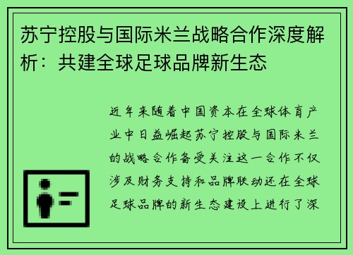 苏宁控股与国际米兰战略合作深度解析：共建全球足球品牌新生态